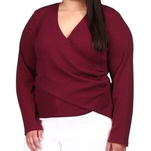 Michael Kors Burgundy Faux Wrap Long Sleeve Blouse